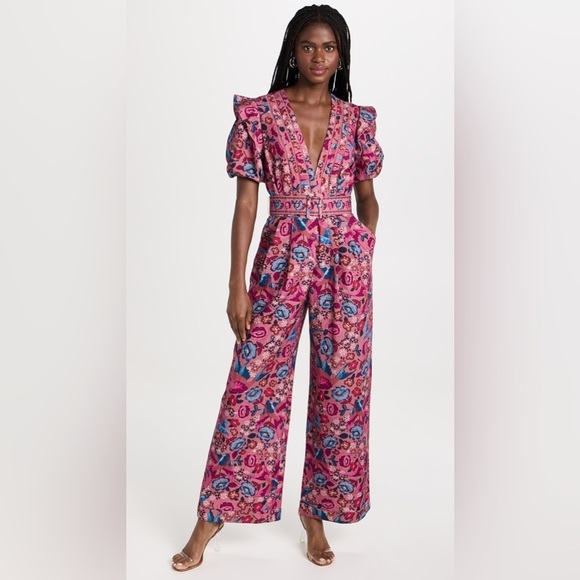 FARM Rio Floral Birds Blush Jumpsuit with Puff Sleeves Size: XL - Picture 15 of 16